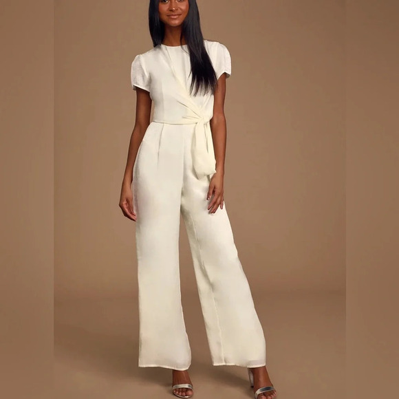 NWT Lulus Key Me Entertain You Ivory Satin Wide Leg Jumpsuit - Picture 1 of 14